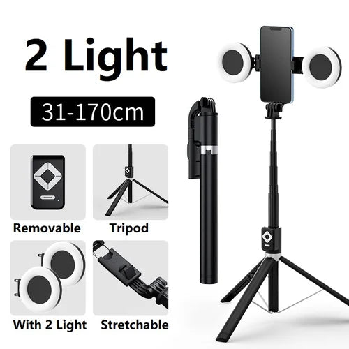 Perche selfie à double ring light Bluetooth 6 en 1