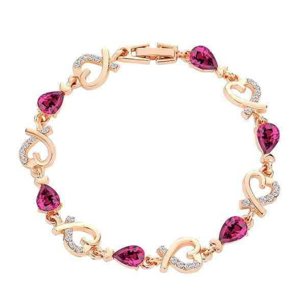 Pulsera de cadena de corazón de cristal dorado y púrpura